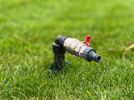 The water faucet is positioned in the middle of a vibrant grassy area, showcasing its role in facilitating gardening and irrigation as the sun shines down photo