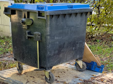 A large black recycling bin with a blue lid is sitting on a concrete pad. It has four wheels and is partially surrounded by fallen leaves photo