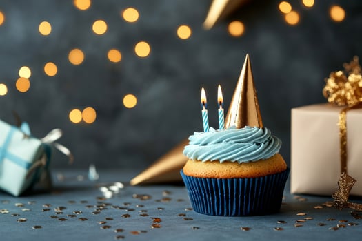 Colorful Birthday Cupcake With Candles and Festive Decorations on a Celebratory Table. photo