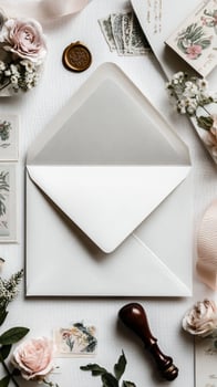Elegant Flat Lay of Stationery and Envelope With Floral Accents on a Soft Background photo