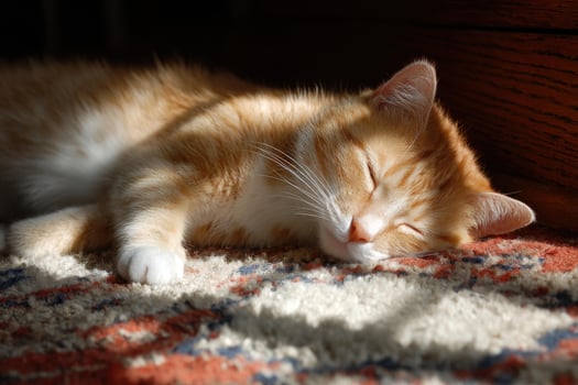 An orange and white cat sleeping on a rug photo