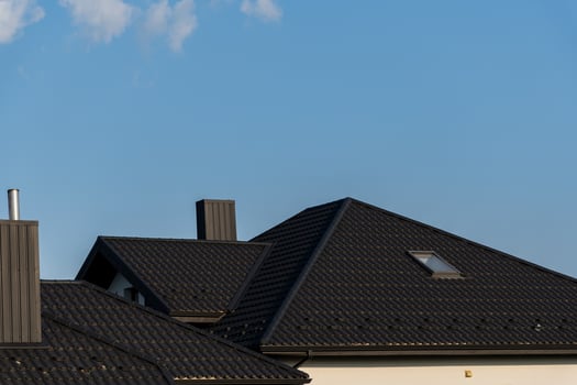 Two contemporary rooftops showcase dark shingles and a skylight against a vivid blue sky, reflecting a tranquil afternoon ambiance in a suburban setting photo