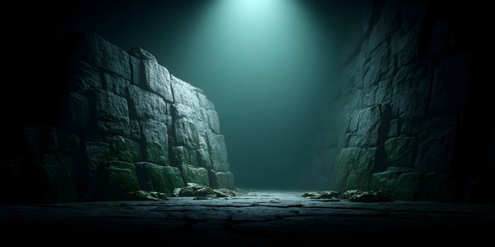 Dark Stone Passage Mysterious Green Light Illuminated Ancient Ruins Pathway photo