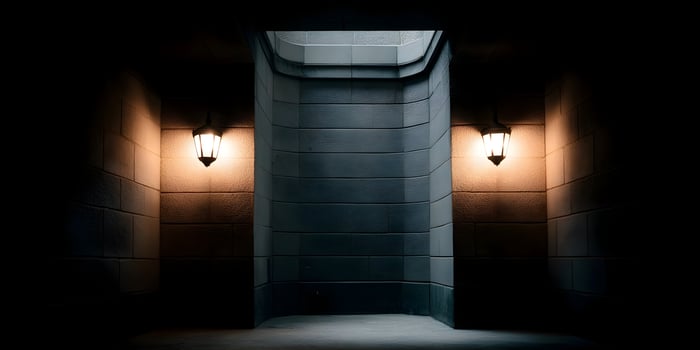Dark Brick Wall Passageway with Two Lit Lanterns photo