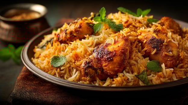 Full plate image of biryani with aromatic spices and meat photo