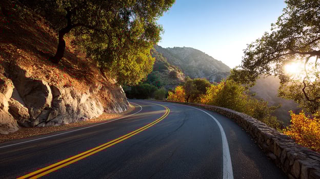Photorealistic image of winding road through lush landscape photo