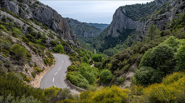 Curvy asphalt road across lush green hills photo