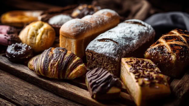Wooden surface with assorted baked pastries photo