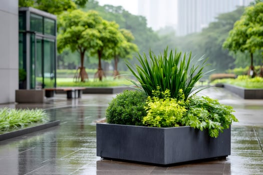 Green plants growing in a large concrete pot decorating a modern city park after rain photo