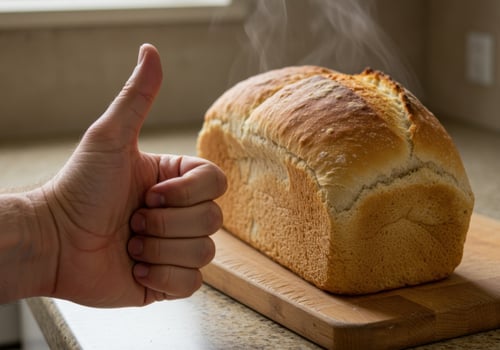 A person giving a thumbs up to a loaf of bread photo