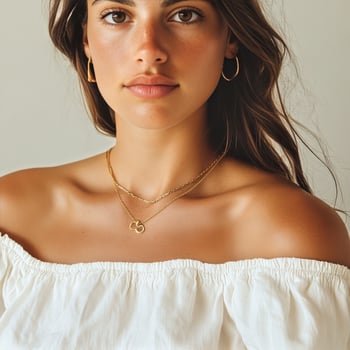 Elegant Young Woman Wears Off-Shoulder Top and Gold Accessories in Bright Studio Setting photo