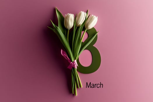 Bouquet of White Tulips With Green Number Eight and March Date on Pink Background photo