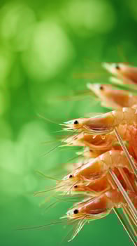 Fresh Shrimp Arranged on Skewers, Showcasing Vibrant Colors and Delicate Features Against a Green Backdrop photo