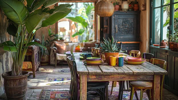 A beautifully decorated dining area filled with many houseplants photo
