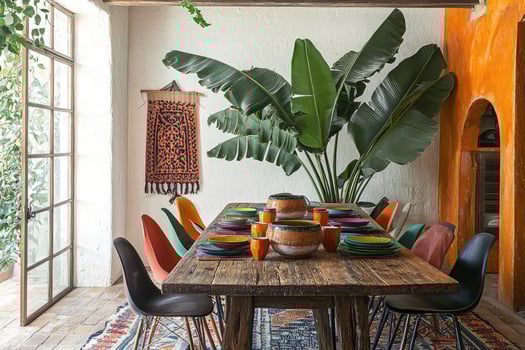 Interior dining space with large plant and colorful dining setting photo