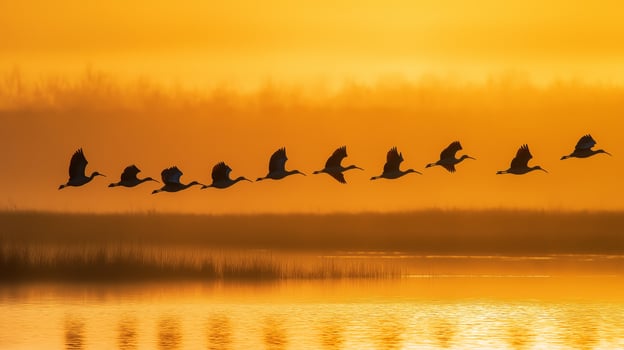 group of ibis birds flying in V formation above wetlands at sunrise, golden reflections on water photo