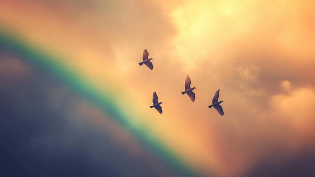 Birds are gracefully flying across a colorful sky featuring a vibrant rainbow after a rainstorm. photo