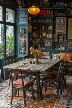 A Cozy Dining Room Filled With Books And Decorated Nicely photo