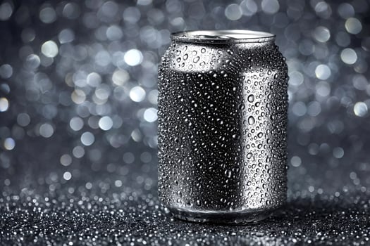 Refreshing soda can covered with condensation on sparkling background photo