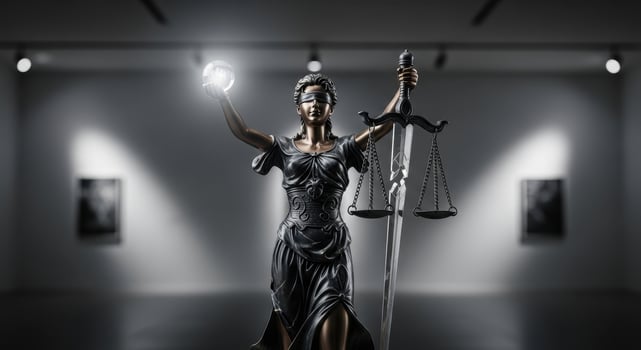 Modern stylized lady justice statue with sword, scales, and glowing orb in a dark gallery photo
