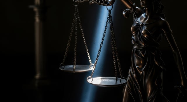 Lady justice statue scales perfectly balanced in a beam of light, symbolizing fairness photo