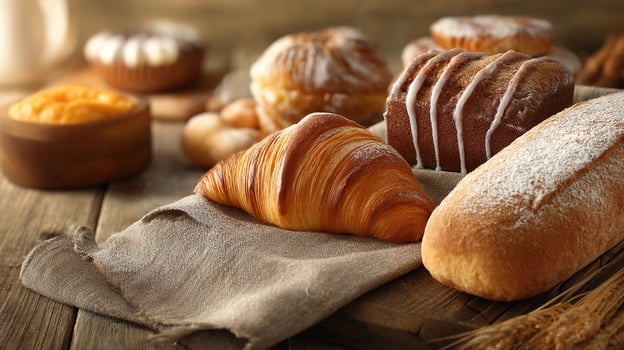 Fresh rustic pastries on wooden table photo