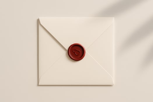Closed beige envelope with red wax seal on light background, classic style stationery for invitation or message photo