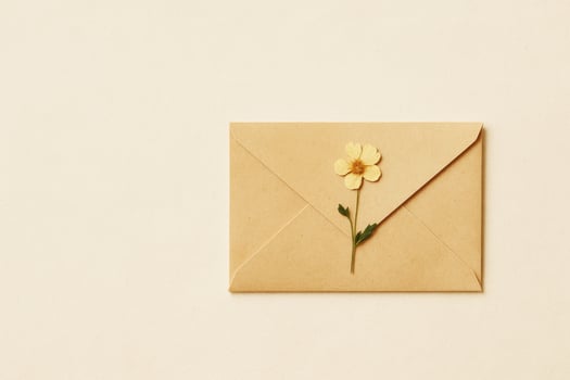 Kraft envelope with dried yellow flower on beige background, minimal composition for greeting or wedding stationery photo