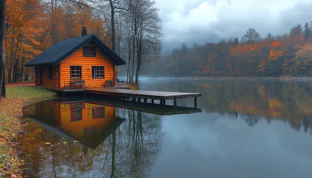 A cozy lakeside cabin on a beautiful autumn morning is shown photo