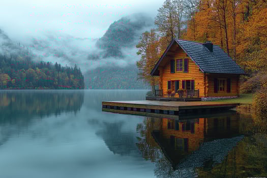 A cozy wooden cabin situated on a lake surrounded by mountains photo