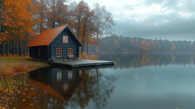 A serene autumn scene showing a lake cabin reflection perfectly photo