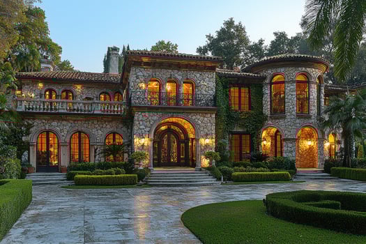 A beautifully lit mansion sits nestled among lush green trees and gardens photo