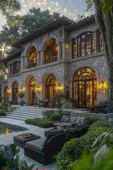 A luxurious stone mansion with arched windows and inviting landscaping photo