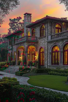 A beautiful stone mansion with lights and an orange sky photo