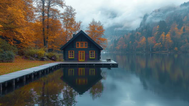 A cabin sits on a lake in the colorful autumn season photo