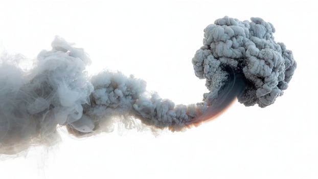 A large plume of gray smoke rising and expanding against a bright white backdrop photo