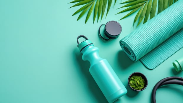 Flat lay of fitness and wellness gear on a grey background. A mint yoga mat, matching water bottle, and black bowl with mint-colored contents are arranged right-side, with palm fronds on top. photo