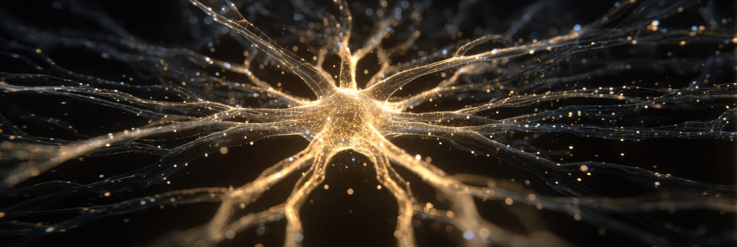 Glowing Radial Nerve Network Expands From Central Point, Showcasing Intricate Connections in a Dark Background photo