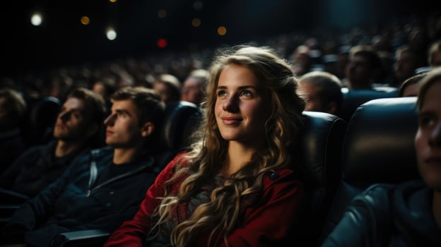 A happy teenage girl, surrounded by friends, relishing a movie night at the cinema. photo