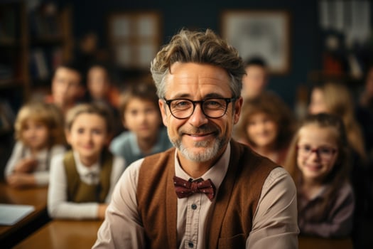 An elderly teacher encircled by children in a classroom setting. photo