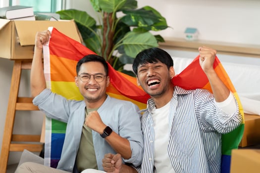 Happy gay couple cheering with pride flags in their new living room photo