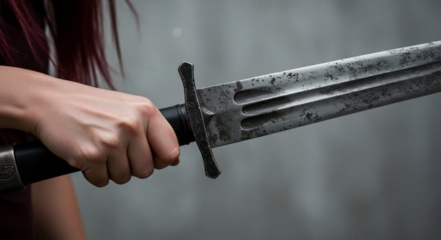 Female hand is holding sword or dagger photo