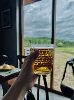 A person holding a glass of beer in front of a window photo