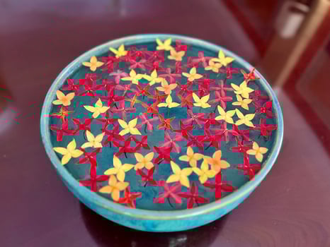 A bowl filled with red and yellow flowers photo