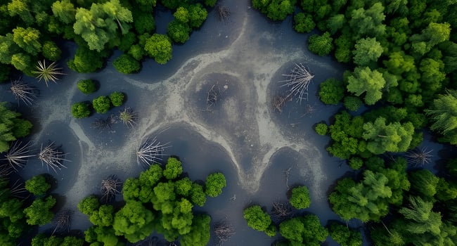 An aerial view of a swampy area with trees photo