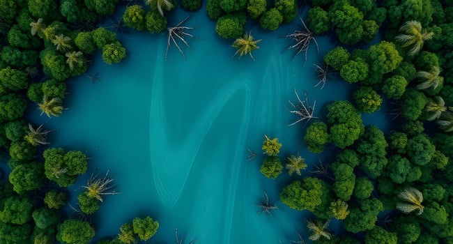 An aerial view of a lake surrounded by trees photo