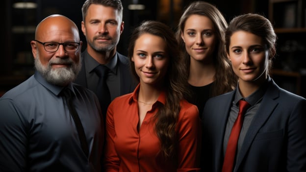 Corporate group portrait. smiles, support, mentorship, and intergenerational unity on display. photo