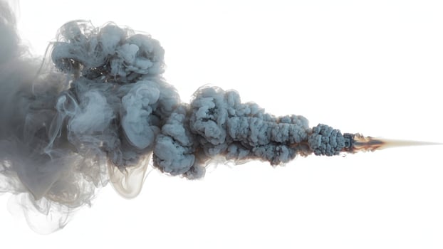 A horizontal shot of a plume of gray smoke against a bright white background in studio shot photo