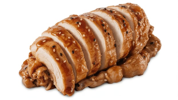 Close up of sliced teriyaki chicken with sesame seeds on a white background studio shot photo