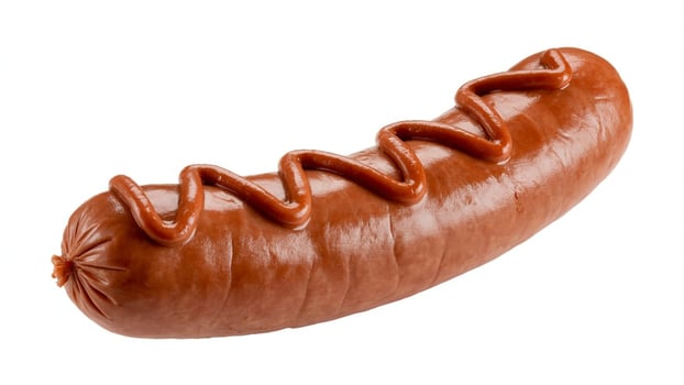 A single brown sausage with a zig zag line of sauce on top isolated on a white background photo